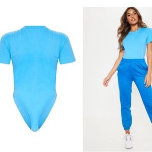 Blue Cotton Stretch T Shirt Thong Bodysuit